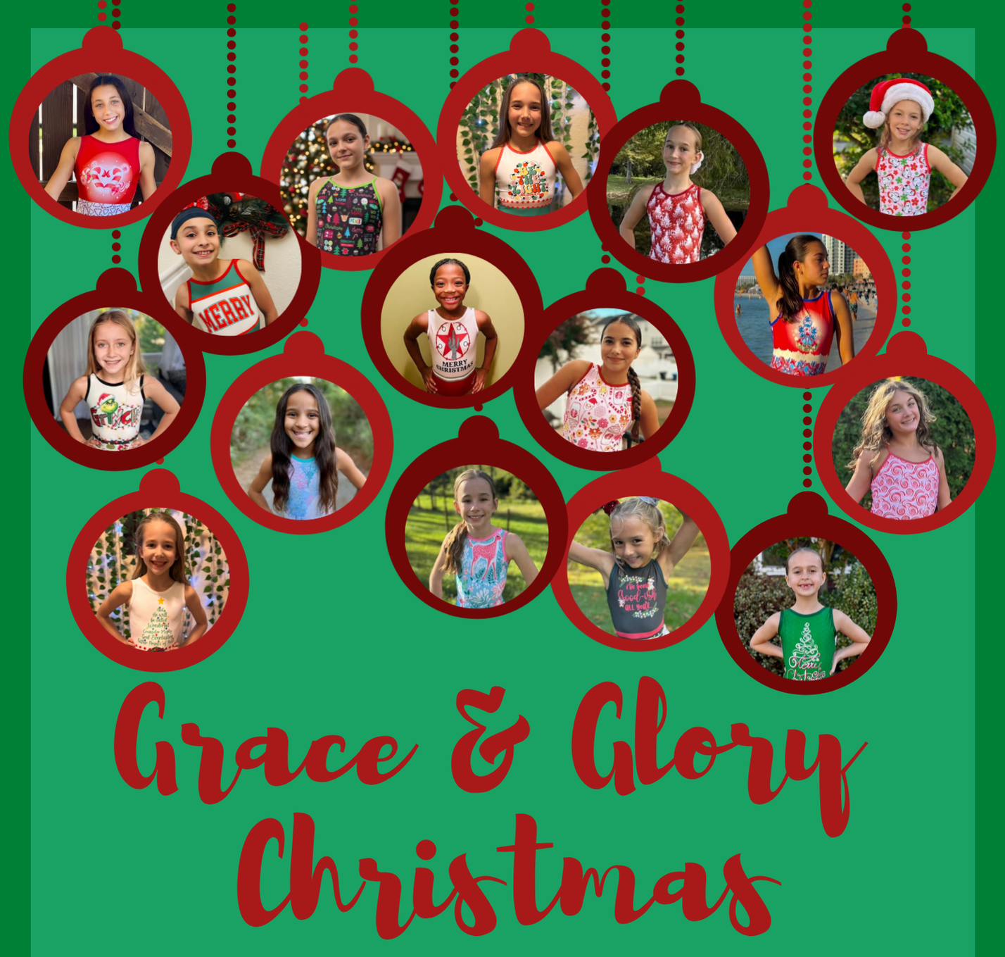 Promotional poster for 'Grace & Glory Christmas' with children's photos in red ornaments on a green background.